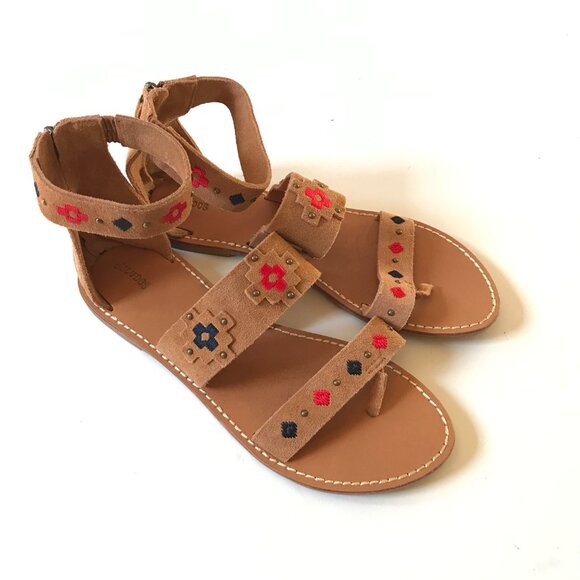 NEW Soludos Flat Sandals Womens 11 Natural Tan Suede Red Embroidered Zipper NWOB - Picture 5 of 12